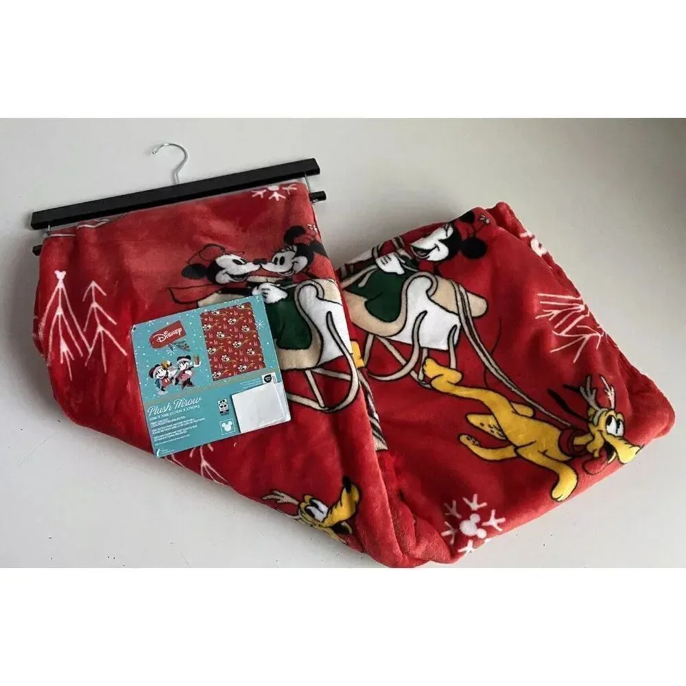 Disney Mickey Minnie & Pluto Reindeer Sleigh Christmas Throw Blanket‎ 50 X 70”